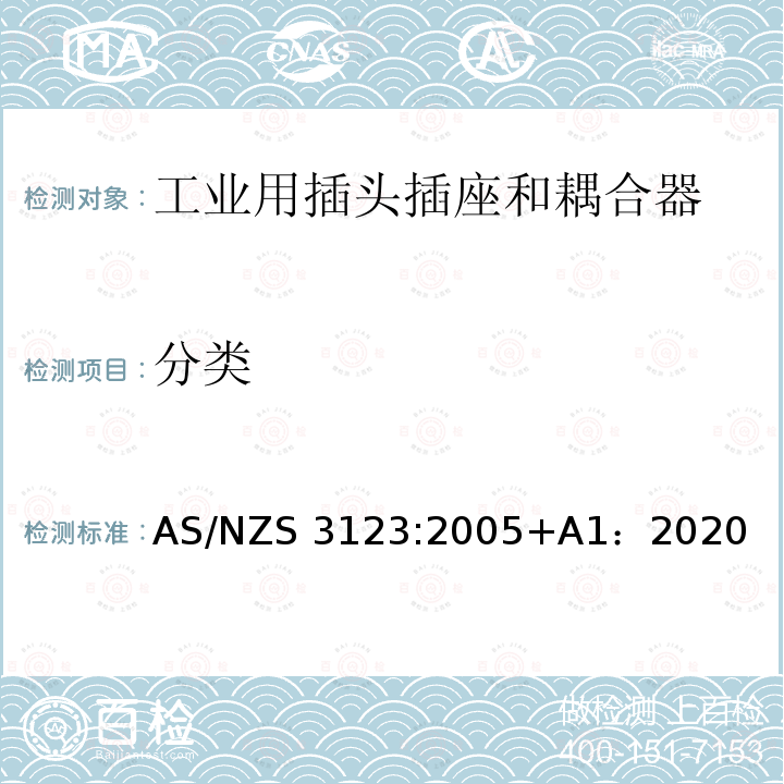 分类 工业用插头插座和耦合器的认可和测试标准 AS/NZS3123:2005+A1：2020