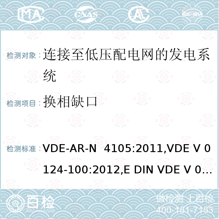 换相缺口 VDE-AR-N  4105:2011,VDE V 0124-100:2012,E DIN VDE V 0124-100:2013-10 连接至低压配电网的发电系统-与低压配电网连接的最小技术要求 VDE-AR-N 4105:2011,VDE V 0124-100:2012,E DIN VDE V 0124-100:2013-10