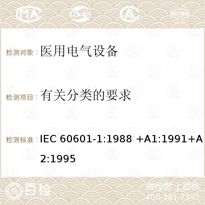 有关分类的要求 IEC 60601-1-1988 医用电气设备 第1部分:安全通用要求