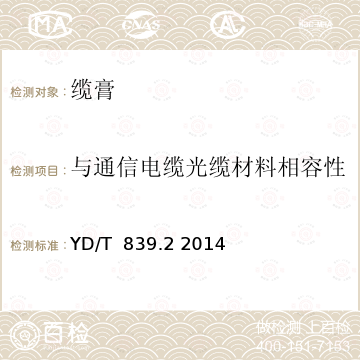 与通信电缆光缆材料相容性 通信电缆光缆用填充和涂覆复合物 第2部分：纤膏 YD/T 839.2 2014