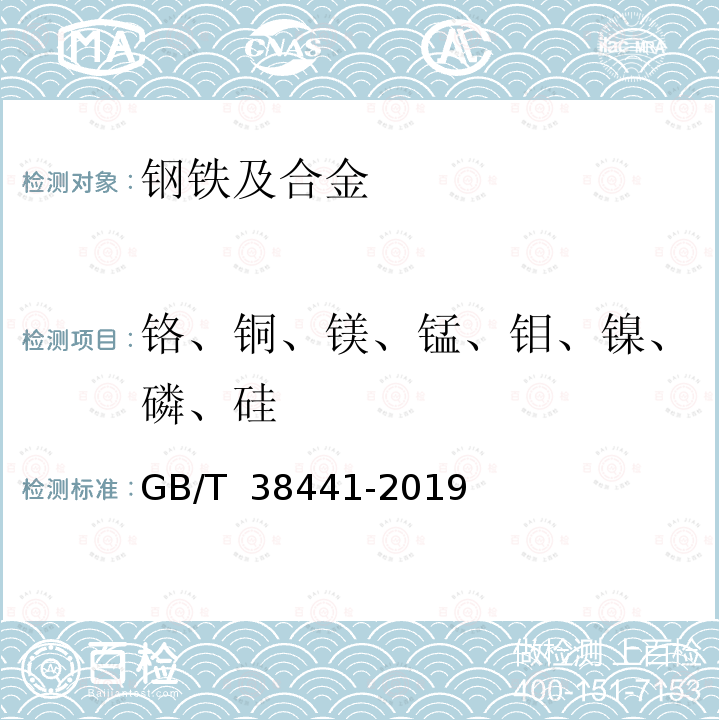 铬、铜、镁、锰、钼、镍、磷、硅 GB/T 38441-2019 生铁及铸铁 铬、铜、镁、锰、钼、镍、磷、锡、钛、钒和硅的测定 电感耦合等离子体原子发射光谱法