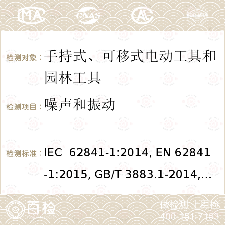 噪声和振动 手持式、可移式电动工具和园林工具的安全 第1部分：通用要求 IEC 62841-1:2014, EN 62841-1:2015, GB/T 3883.1-2014, AS/NZS 62841.1:2015, AS/NZS 62841.1:2015+A1