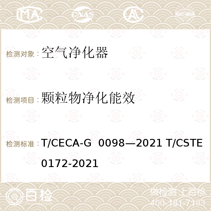 颗粒物净化能效 T/CECA-G 0098-2021 “领跑者”标准评价要求车载空气净化器 T/CECA-G 0098—2021 T/CSTE 0172-2021