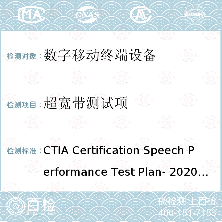 超宽带测试项 CTIA Certification Speech Performance Test Plan- 2020/V2.3 CTIA认证项目，语音性能测试计划 CTIA Certification Speech Performance Test Plan-2020/V2.3