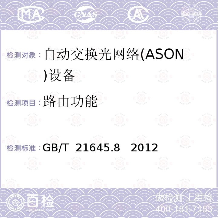 路由功能 自动交换光网络(ASON)技术要求 第8部分：路由 GB/T 21645.8   2012  