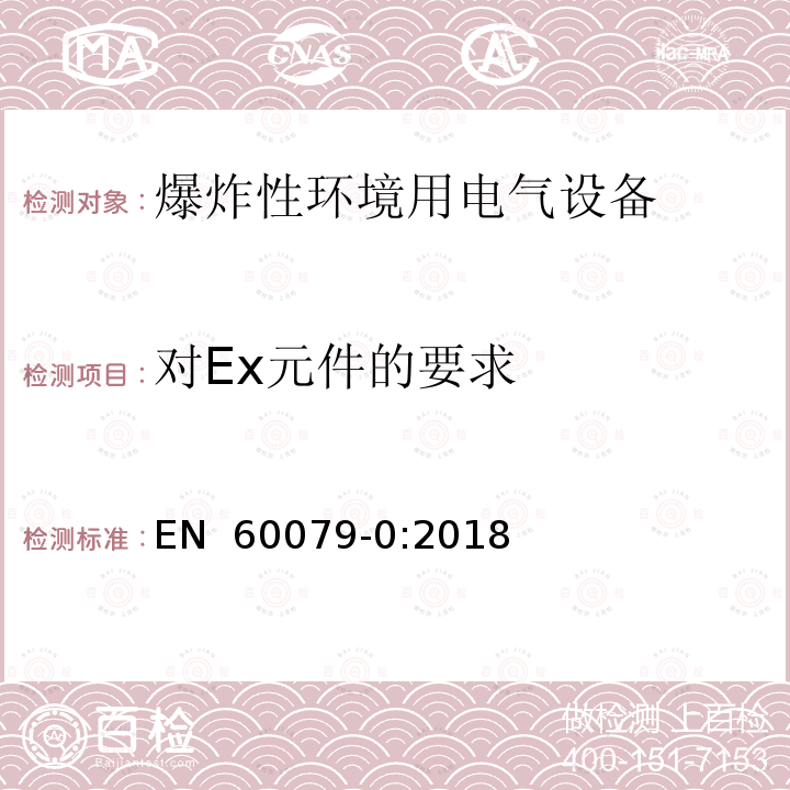 对Ex元件的要求 EN 60079-0:2018 爆炸性环境 第0部分:设备 通用要求 