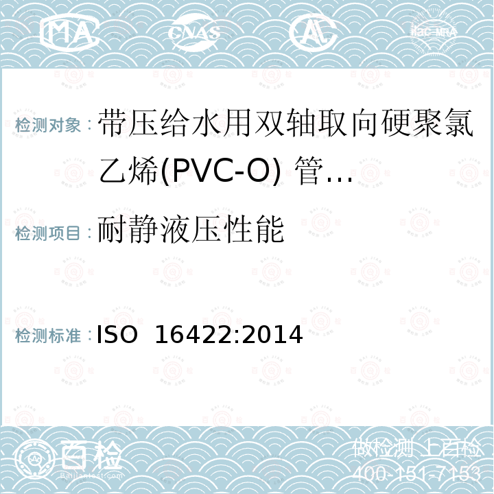 耐静液压性能 带压给水用双轴取向硬聚氯乙烯(PVC-O) 管材及连接件-规范 ISO 16422:2014