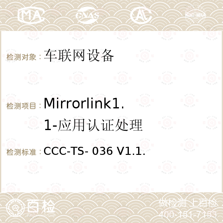 Mirrorlink1.1-应用认证处理 CCC-TS- 036 V1.1. 车联网联盟，车联网设备，应用证书处理， CCC-TS-036 V1.1.4