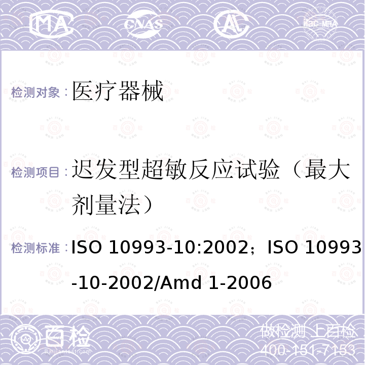 迟发型超敏反应试验（最大剂量法） ISO 10993-10-2002 医疗器械生物学评价 第10部分：刺激与迟发型超敏反应试验 ISO10993-10:2002；/Amd 1-2006