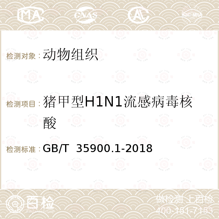 猪甲型H1N1流感病毒核酸 动物流感检测第1部分：H1亚型流感病毒核酸荧光RT-PCR检测方法 GB/T 35900.1-2018