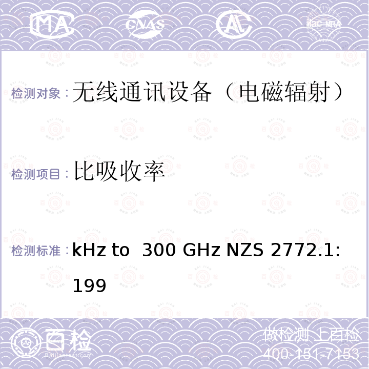 比吸收率 射频场 - 第一部分：最大暴露等级 - 3 kHz to 300 GHz NZS 2772.1:1999