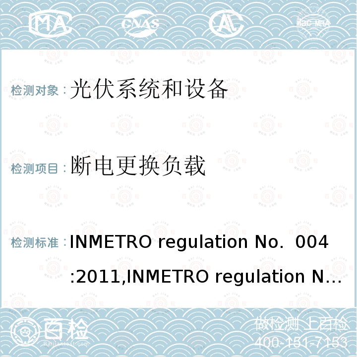 断电更换负载 INMETRO regulation No.  004:2011,INMETRO regulation No. 357:2014 光伏系统和设备的一致性评估要求 INMETRO regulation No. 004:2011,INMETRO regulation No. 357:2014