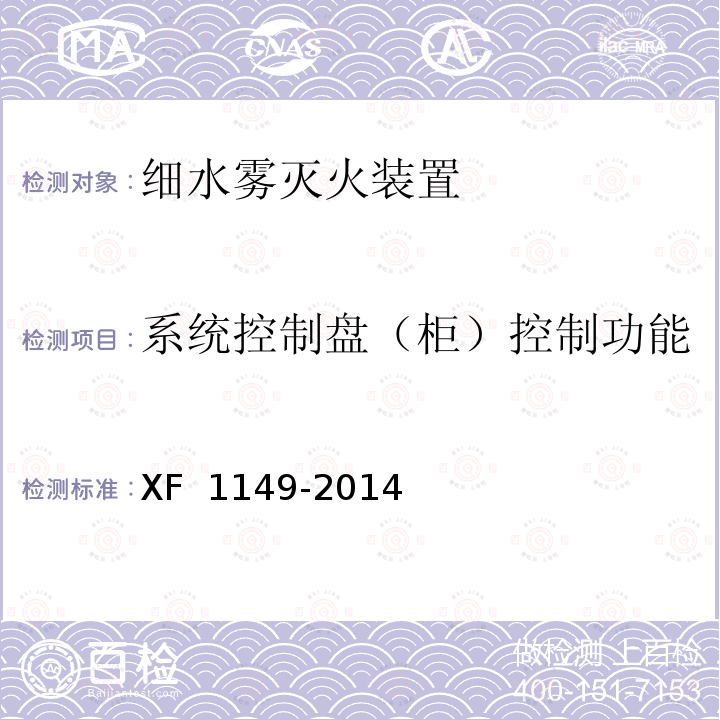 系统控制盘（柜）控制功能 《细水雾灭火装置》 XF 1149-2014