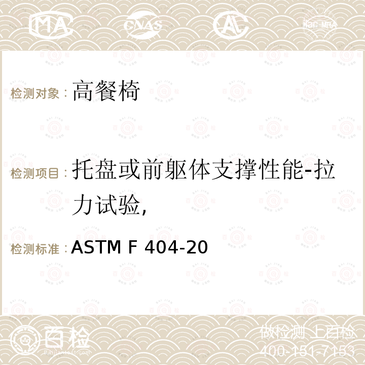 托盘或前躯体支撑性能-拉力试验, ASTM F404-20 标准消费者安全规范:高餐椅 