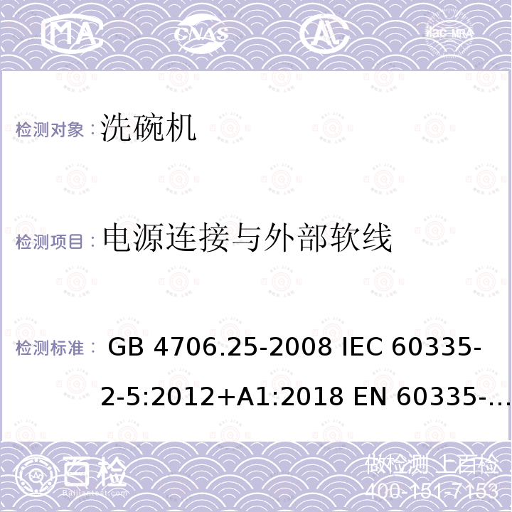 电源连接与外部软线 GB 4706.25-2008 家用和类似用途电器的安全 洗碗机的特殊要求