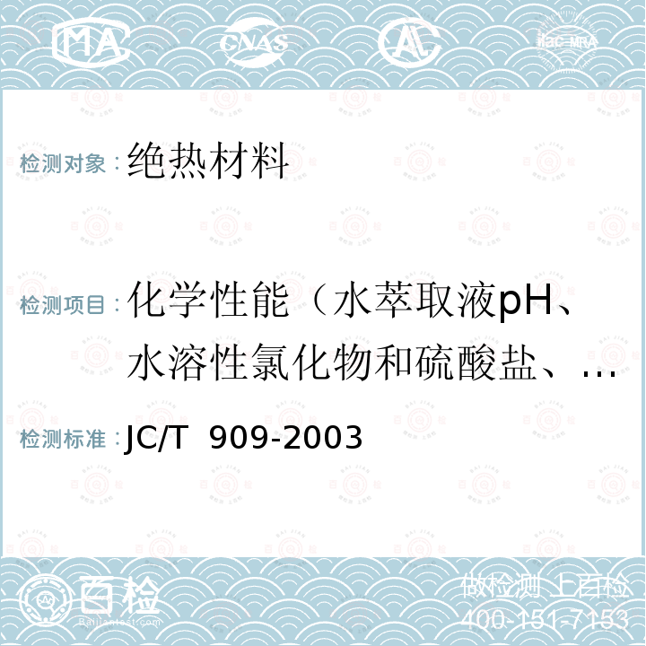 化学性能（水萃取液pH、水溶性氯化物和硫酸盐、浸出液离子） JC/T 909-2003 矿物棉喷涂绝热层