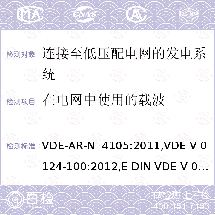 在电网中使用的载波 VDE-AR-N  4105:2011,VDE V 0124-100:2012,E DIN VDE V 0124-100:2013-10 连接至低压配电网的发电系统-与低压配电网连接的最小技术要求 VDE-AR-N 4105:2011,VDE V 0124-100:2012,E DIN VDE V 0124-100:2013-10