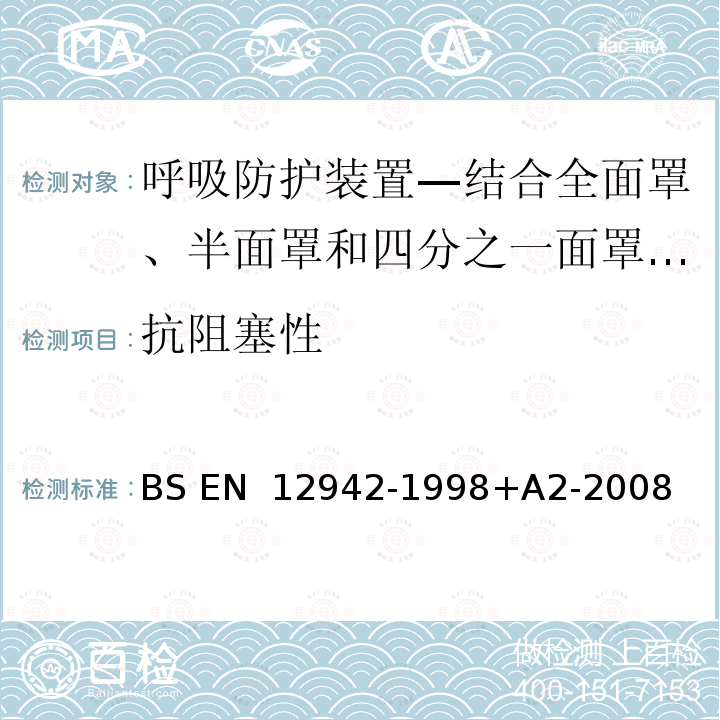 抗阻塞性 BS EN 12942-1998 呼吸防护装置—结合全面罩、半面罩和四分之一面罩的动力送风过滤式呼吸器 +A2-2008