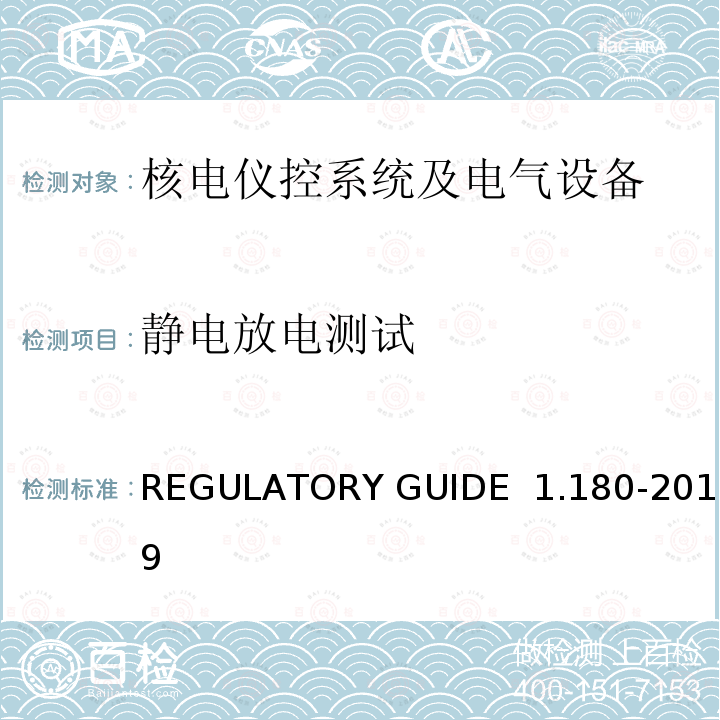 静电放电测试 REGULATORY GUIDE  1.180-2019 安全相关仪控系统中电磁和无线频率干涉的评价导则 REGULATORY GUIDE 1.180-2019