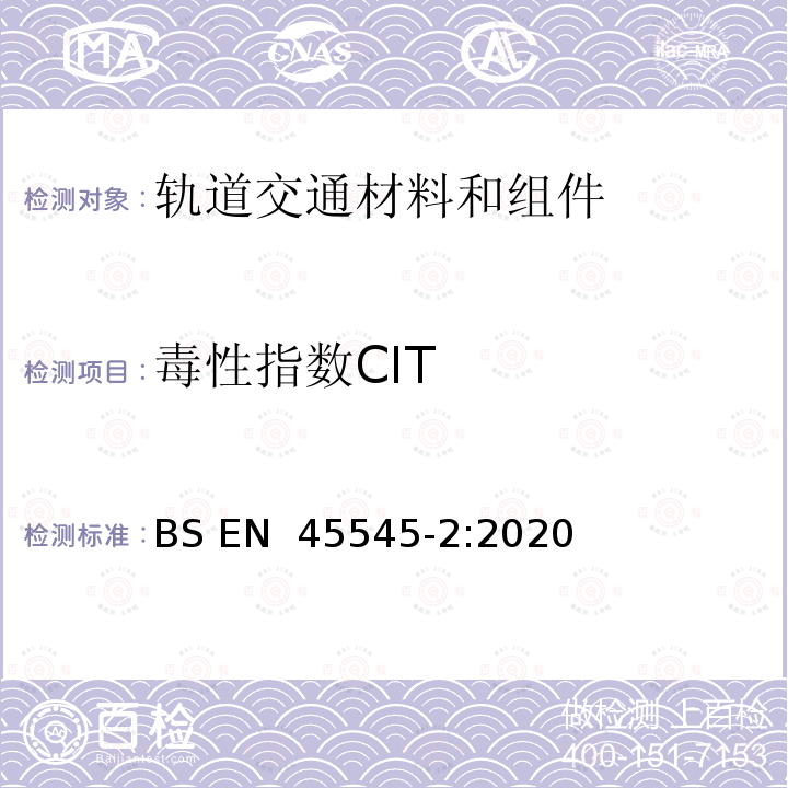 毒性指数CIT 铁路应用 铁路车辆防火 第2部分：材料和组件防火性能的要求 BS EN 45545-2:2020
