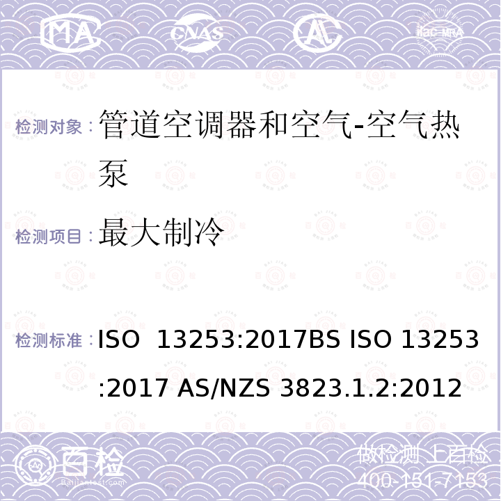 最大制冷 管道空调器和空气  空气热泵能耗 ISO 13253:2017BS ISO 13253:2017 AS/NZS 3823.1.2:2012