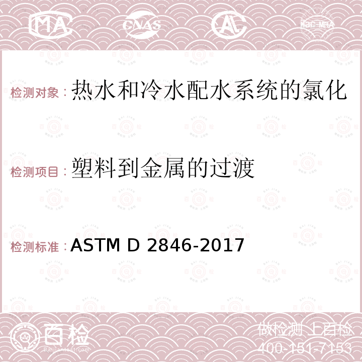 塑料到金属的过渡 ASTM D2846/D2846M-2006 氯化聚氯乙烯(CPVC)塑料热-冷水配水系统的规格