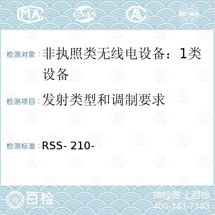 发射类型和调制要求 RSS- 210- 非执照类无线电设备：1类设备 RSS-210-第10版-2019年12月修订1-2020年4月