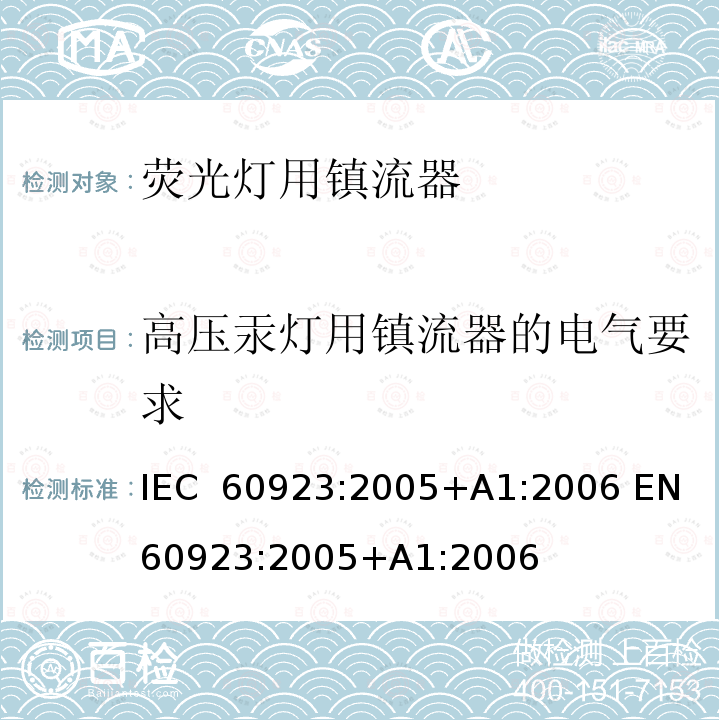 高压汞灯用镇流器的电气要求 灯用附件 放电灯(管形荧光灯除外)用镇流器 性能要求 IEC 60923:2005+A1:2006 EN 60923:2005+A1:2006