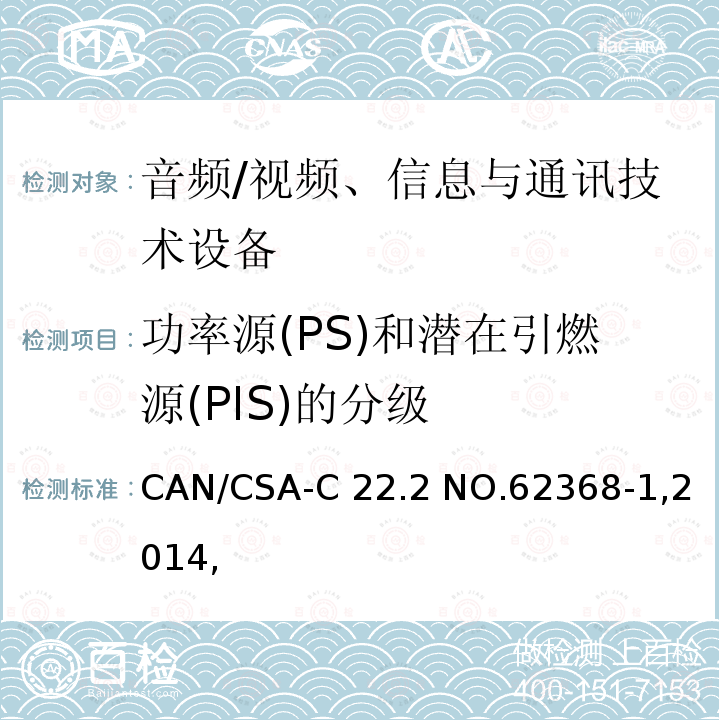 功率源(PS)和潜在引燃源(PIS)的分级 CAN/CSA-C22.2 NO.62368 音频/视频、信息与通讯技术设备 -1,2014,(R2019)