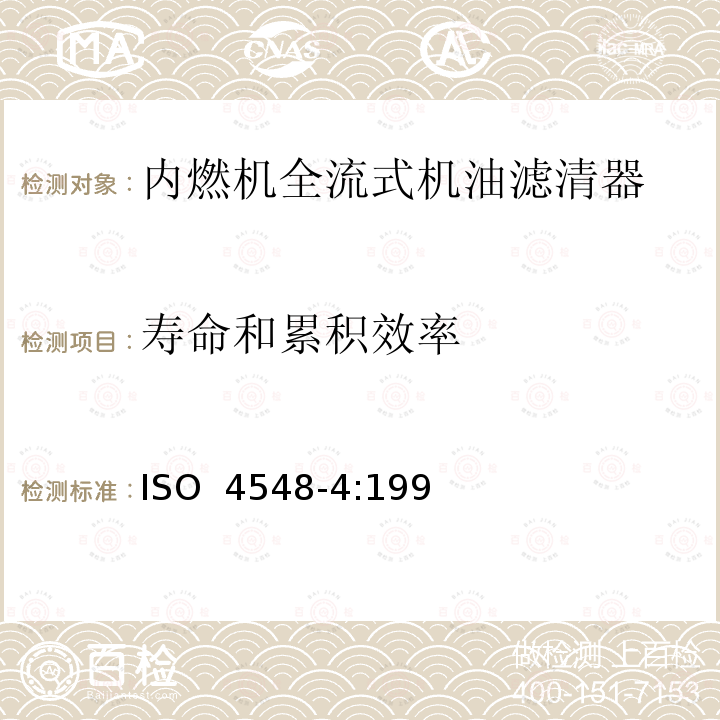 寿命和累积效率 内燃机全流式机油滤清器试验方法 第4部分：原始滤清效率、寿命和累积效率(重量法) ISO 4548-4:1997