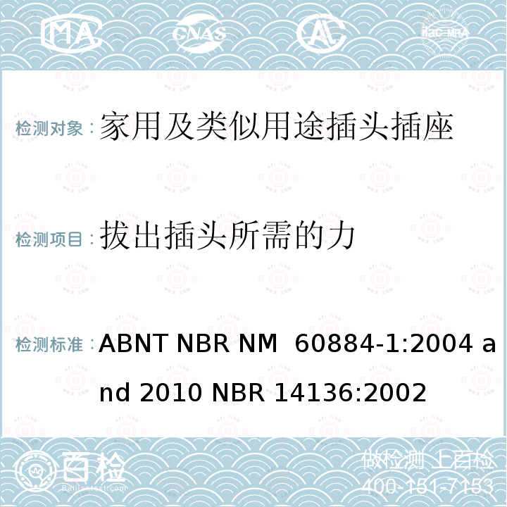 拔出插头所需的力 家用及类似用途插头插座第1部分:通用要求 ABNT NBR NM 60884-1:2004 and 2010 NBR 14136:2002