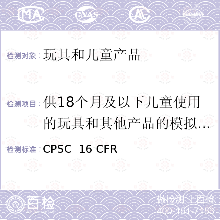 供18个月及以下儿童使用的玩具和其他产品的模拟使用和滥用测试 美国联邦法规 CPSC 16 CFR