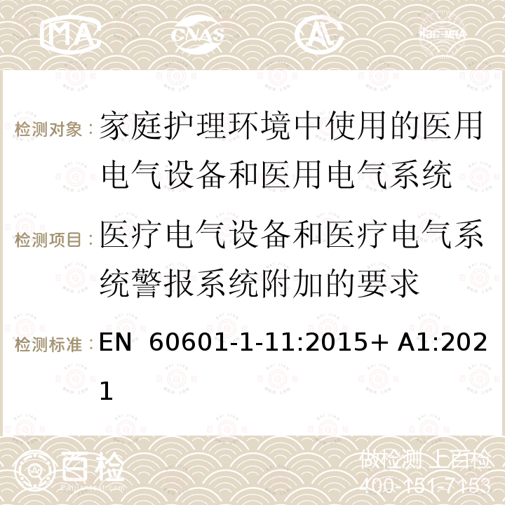 医疗电气设备和医疗电气系统警报系统附加的要求 EN 60601 医用电气设备　第1-11部分：基本安全和基本性能的通用要求　并列标准：在家庭护理环境中使用的医用电气设备和医用电气系统的要求 -1-11:2015+ A1:2021