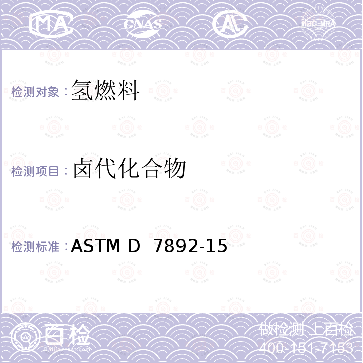 卤代化合物 ASTM D 7892 气相色谱/质谱法测定氢燃料中总有机卤化物、总非甲烷碳氢化合物和甲醛的标准试验方法 -15