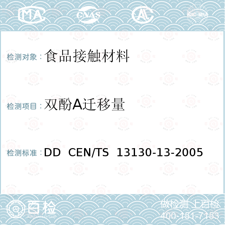 双酚A迁移量 DD  CEN/TS  13130-13-2005 食品接触材料 塑料中受限物质 食品模拟物中2，2-二（4-羟基苯基）丙烷（双酚A）的测定 DD  CEN/TS 13130-13-2005