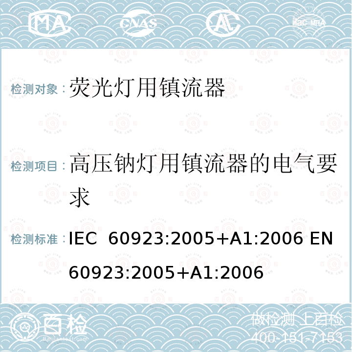 高压钠灯用镇流器的电气要求 灯用附件 放电灯(管形荧光灯除外)用镇流器 性能要求 IEC 60923:2005+A1:2006 EN 60923:2005+A1:2006