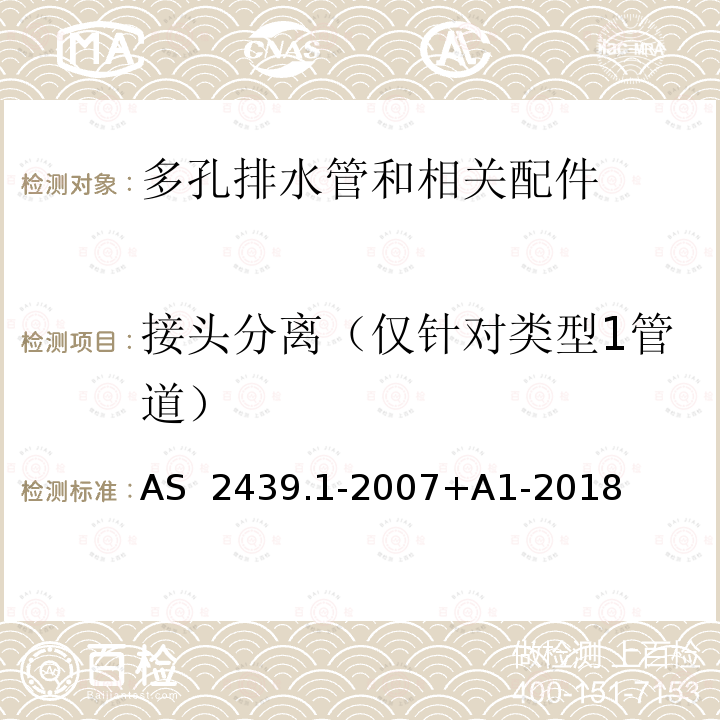 接头分离（仅针对类型1管道） AS 2439.1-2007 多孔塑料排水管和污水管及配件第1部分：多孔排水管和相关配件 +A1-2018