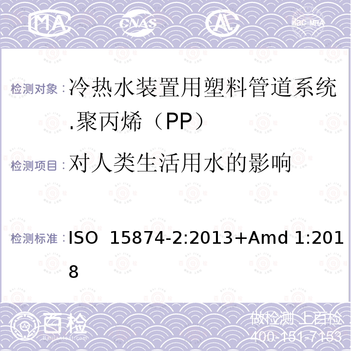 对人类生活用水的影响 ISO 15874-2-2013 冷热水设备用塑料管道系统 聚丙烯(PP) 第2部分:管道