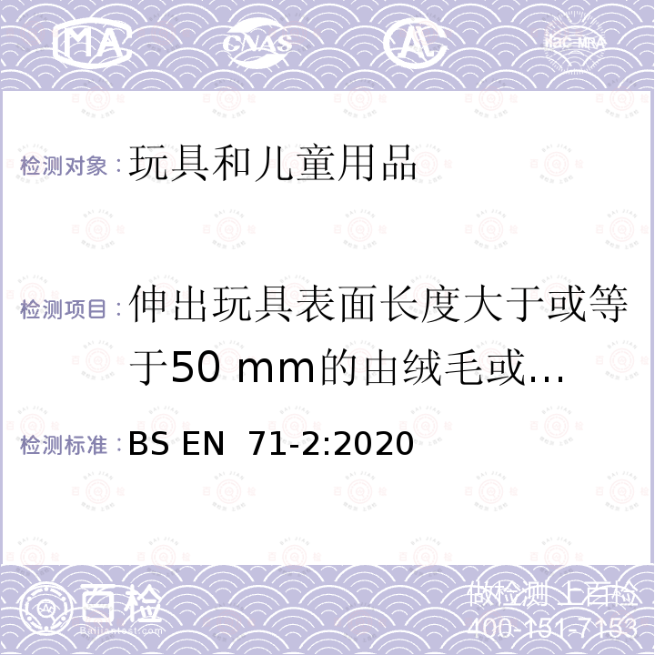 伸出玩具表面长度大于或等于50 mm的由绒毛或飘拂材料制成的胡须、触须或假发等的测试 BS EN 71-2:2020 玩具安全标准　第2部分　        燃烧性能 