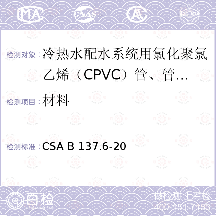 材料 CSA B137.6-20 冷热水配水系统用氯化聚氯乙烯（CPVC）管、管和配件 