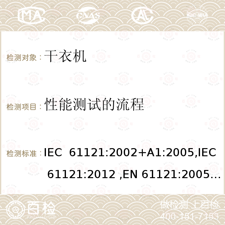 性能测试的流程 家用滚筒式干衣机性能的测量方法 IEC 61121:2002+A1:2005,IEC 61121:2012 ,EN 61121:2005,EN 61121:2013