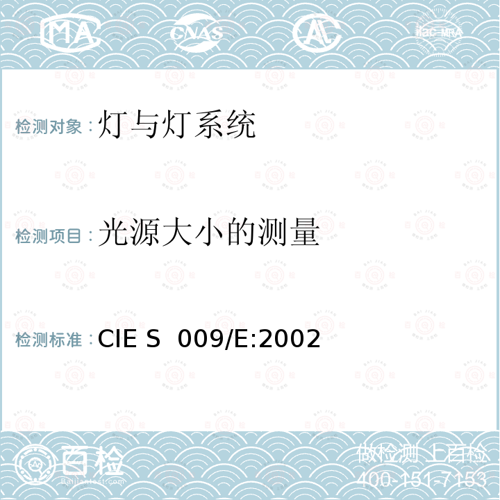 光源大小的测量 CIE S 009/E-2002 灯具及照明系统的光生物学安全 CIE S 009/E:2002