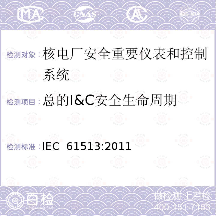 总的I&C安全生命周期 核电厂安全重要仪表和控制系统总要求 IEC 61513:2011