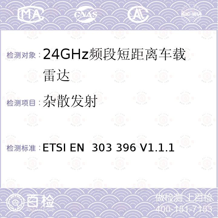 杂散发射 ETSI EN 303 396 短距离设备；汽车和监视雷达设备的测量技术  V1.1.1 (2016-12)