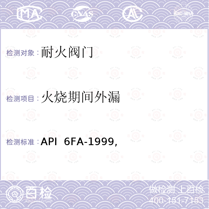 火烧期间外漏 API  6FA-1999, 阀门耐火试验规范 API 6FA-1999,勘误1：2006年12月，勘误2：2008年
