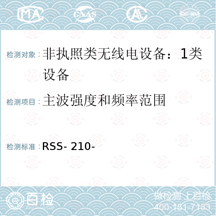 主波强度和频率范围 RSS- 210- 非执照类无线电设备：1类设备 RSS-210-第10版-2019年12月修订1-2020年4月