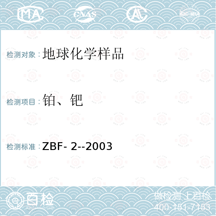 铂、钯 ZBF- 2--2003 离子交换树脂-活性炭吸附GFAAS法测定矿石中的铂钯 ZBF-2--2003