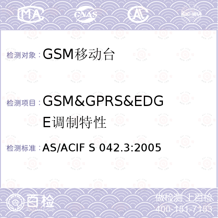 GSM&GPRS&EDGE调制特性 AS/ACIF S042.3-2005 涵盖指令2014/53/EU第3.2条要求的全球移动通信系统（GSM）；移动台（MS）设备 AS/ACIF S042.3:2005