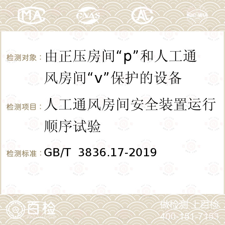 人工通风房间安全装置运行顺序试验 GB/T 3836.17-2019 爆炸性环境 第17部分：由正压房间“p”和人工通风房间“v”保护的设备