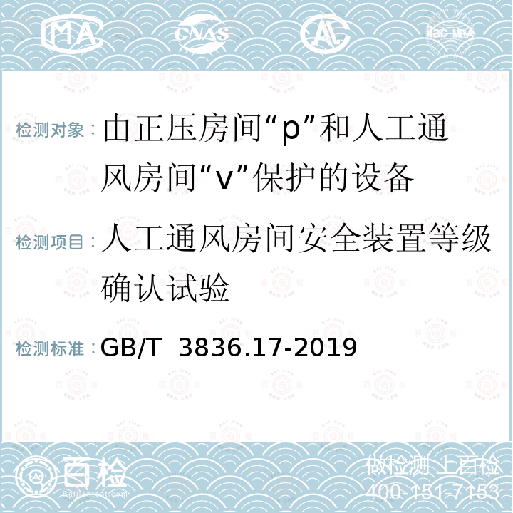 人工通风房间安全装置等级确认试验 GB/T 3836.17-2019 爆炸性环境 第17部分：由正压房间“p”和人工通风房间“v”保护的设备